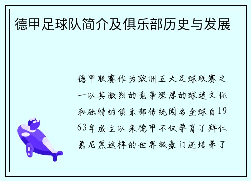 德甲足球队简介及俱乐部历史与发展